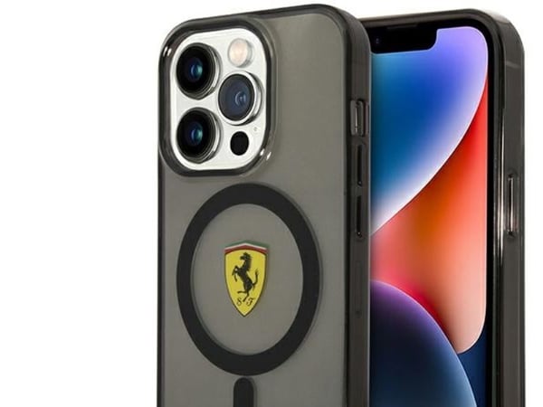Ferrari FEHMP14XURKK iPhone 14 Pro Max 6.7" musta/musta kova kotelo, jossa on läpinäkyvä Magsafe-järjestelmä
