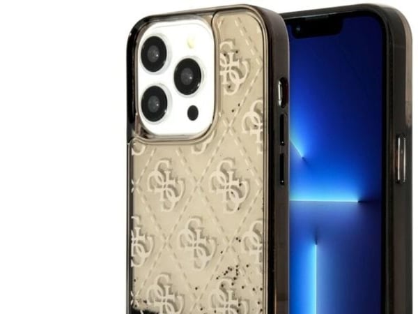Guess GUHCP14LLC4PSGK hardt etui til iPhone 14 Pro 6,1" - svart/svart, flytende glitter 4G transparent