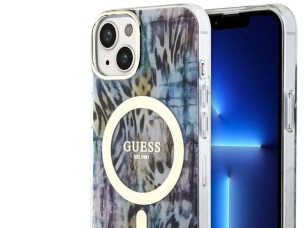 Guess leopard MagSafe-deksel til iPhone 14 - blå