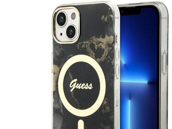 Guess GUHMP14SHTMRSK iPhone 14 6.1" svart/svart hardt etui Golden Marble MagSafe