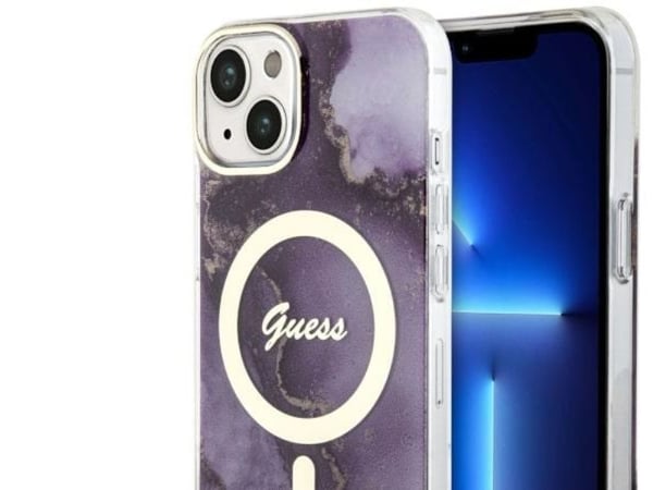 Guess GUHMP14SHTMRSU iPhone 14 6,1" hårdplastfodral Golden Marble MagSafe - lilla/lilla