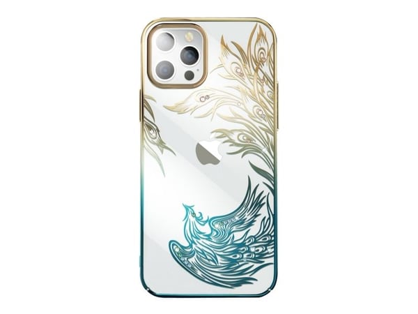 Luksus iPhone 14 Plus-deksel med Kingxbar Phoenix-krystaller - Gull og blå