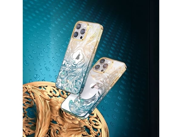 Kingxbar Kingxbar Phoenix Swarovski Apple iPhone 14 deksel gull og blått