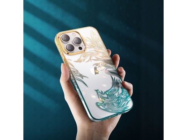 Luksus iPhone 14 Plus-deksel med Kingxbar Phoenix-krystaller - Gull og blå