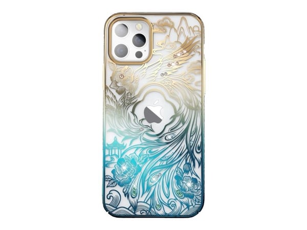 Luksus iPhone 14-deksel med Kingxbar Phoenix-krystaller - gull og blått