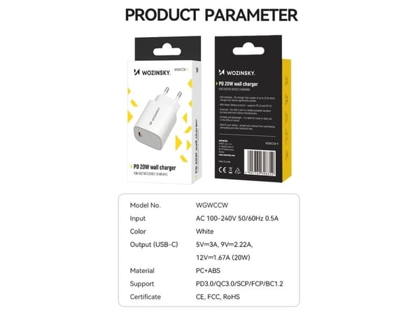 Wozinsky nettlader WGWCCW 20W USB-C - hvit