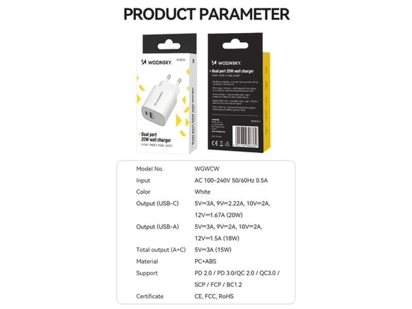 Wozinsky nettlader WGWCW USB-A USB-C 20W - hvit