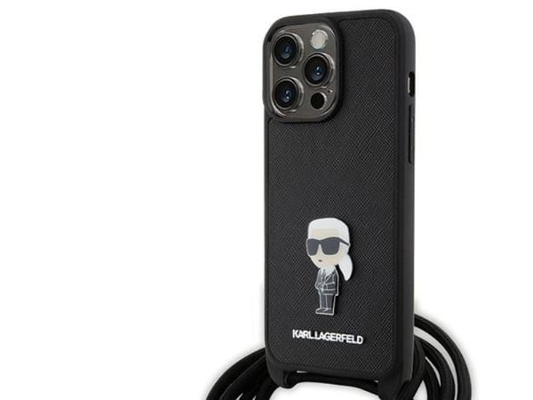 Karl Lagerfeld KLHCP15XSASKNPSK iPhone 15 Pro Max 6.7" kovakotelo musta/musta Crossbody Saffiano Monogrammi Metalli Pin Karl &amp; Choupette