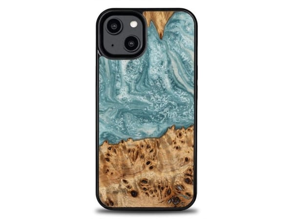 Deksel i tre og harpiks til iPhone 15 Plus Bewood Unique Uranus - blå/hvit