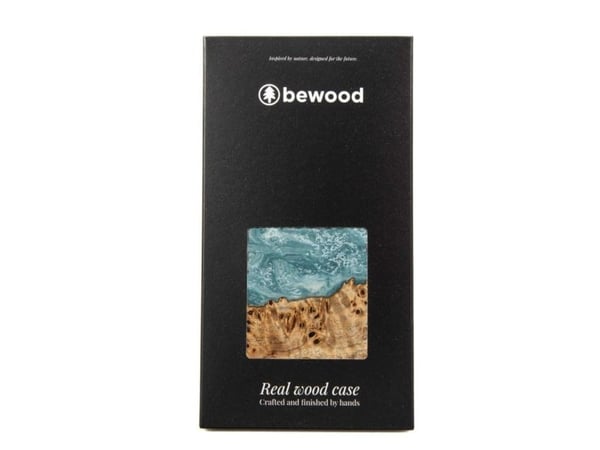 Deksel i tre og harpiks til iPhone 15 Plus Bewood Unique Uranus - blå/hvit