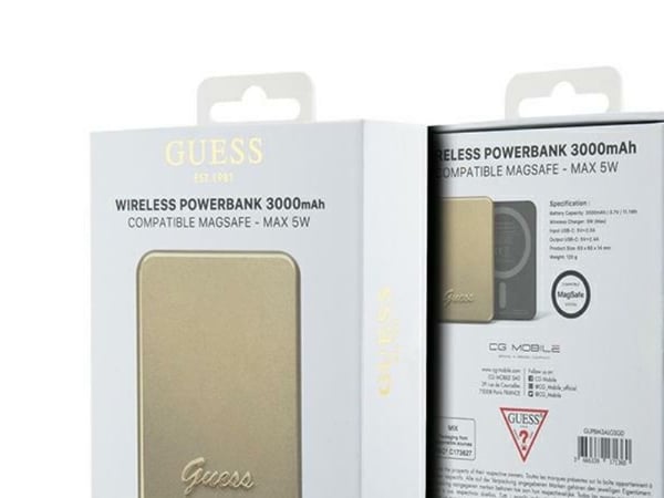 Guess GUPBM3ALGSGD Induktiv powerbank 5W 3000 mAh gull MagSafe Metal Script Logo