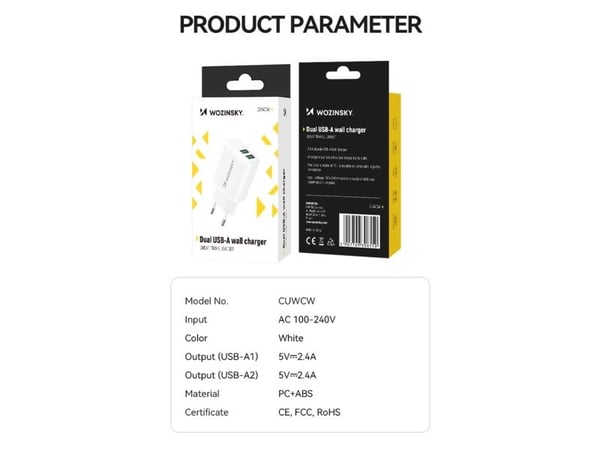 Wozinsky nätladdare CUWCW 2,4A 2 x USB-A vit