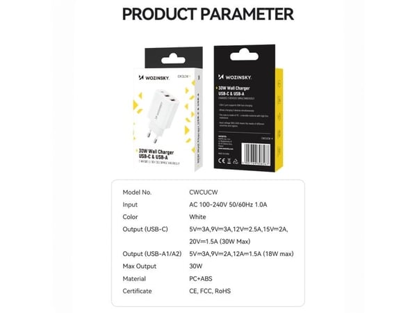 Wozinsky nettlader CWCUCW 30W USB-C / 2x USB-A hvit