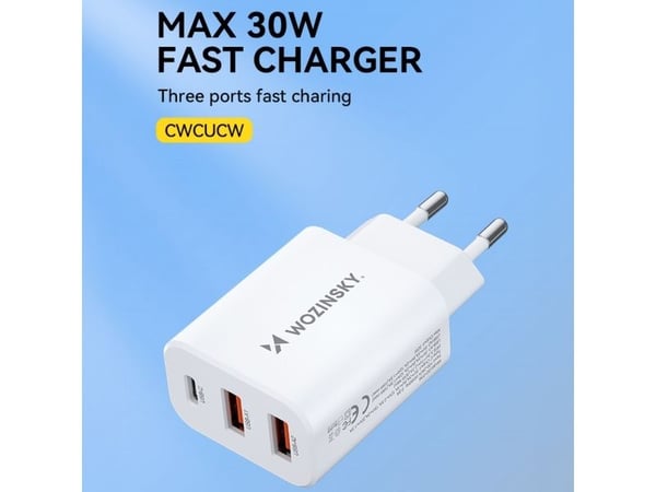 Wozinsky nettlader CWCUCW 30W USB-C / 2x USB-A hvit