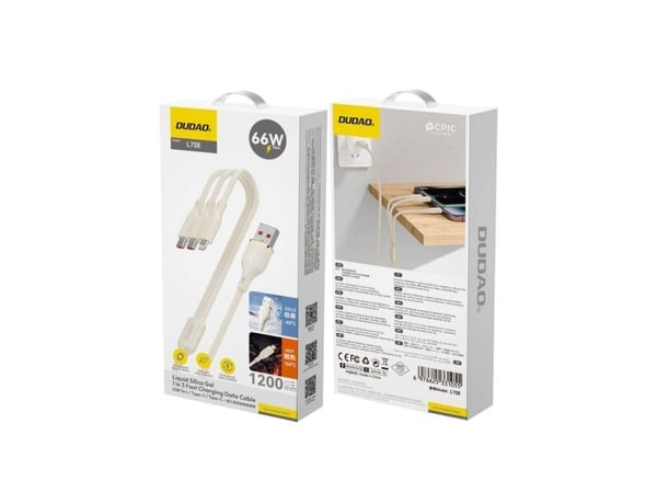 3-i-1 Dudao L7SE USB-A - USB-C / Lightning / micro USB 66W-kabel 1,2 m - beige