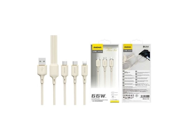 3-i-1 Dudao L7SE USB-A - USB-C / Lightning / micro USB 66W-kabel 1,2 m - beige