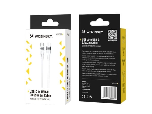 Wozinsky WSTCC2 USB-C / USB-C PD 65W -kaapeli 2 m - valkoinen