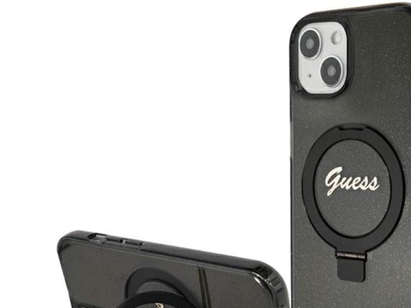 Aito GUESS GUHMP15MHRSGSK Etupaneeli Kotelo iPhone 15 Plus (Magsafe / Glitter Script Logo / Ring Stand / Musta)
