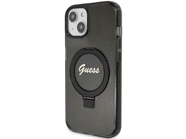 Aito GUESS GUHMP15MHRSGSK Etupaneeli Kotelo iPhone 15 Plus (Magsafe / Glitter Script Logo / Ring Stand / Musta)