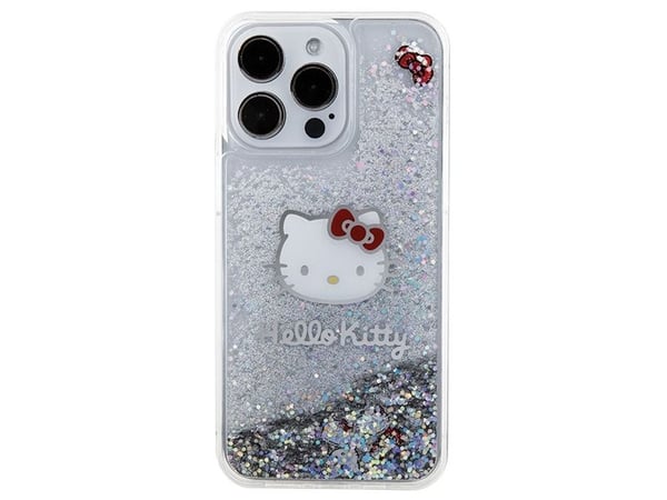 Hello Kitty Liquid Glitter Charms Kitty Head dėklas iPhone 15 Pro Max - sidabrinis