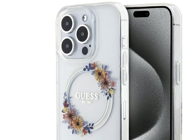 Guess IML Flowers Wreatch MagSafe-deksel for iPhone 15 Pro - transparent