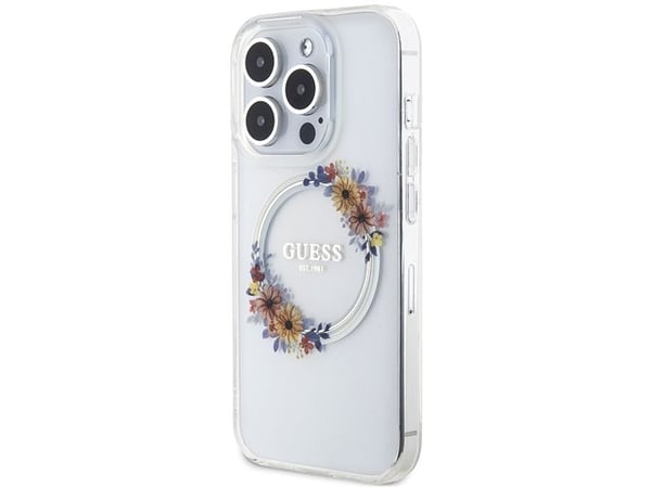 Guess IML Flowers Wreatch MagSafe-deksel for iPhone 15 Pro - transparent