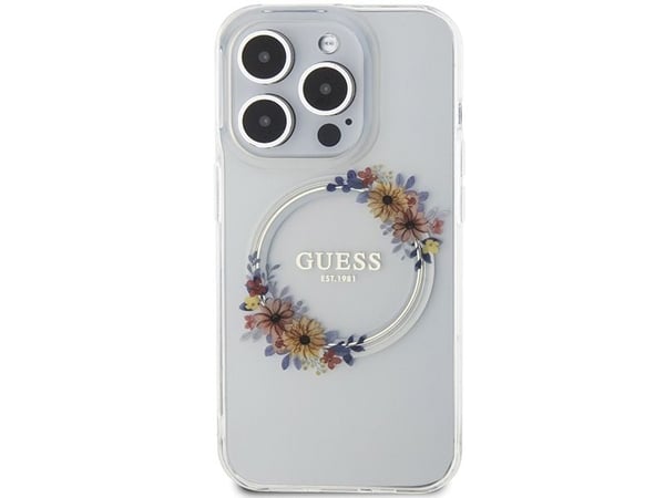 Guess IML Flowers Wreatch MagSafe-deksel for iPhone 15 Pro - transparent