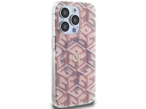 Guess IML GCube MagSafe -kotelo iPhone 15 Pro:lle - vaaleanpunainen