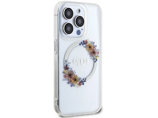 Guess IML Flowers Wreatch MagSafe kotelo iPhone 15 Pro Max - kirkas - selkeä