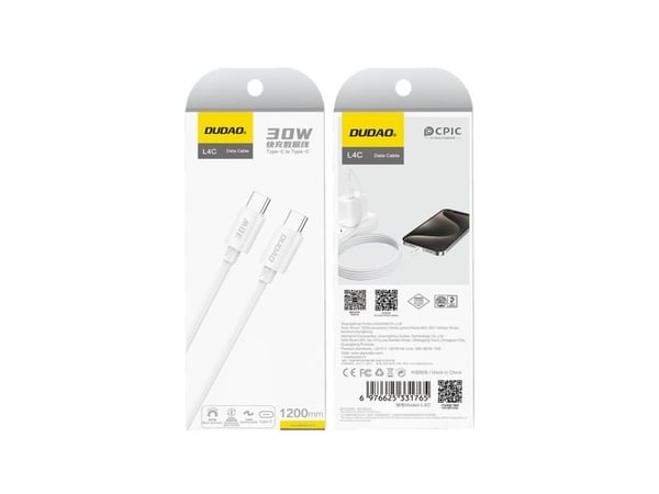 Dudao USB-C - USB-C 1,2 m USB-kaapeli valkoinen (6976625331765)