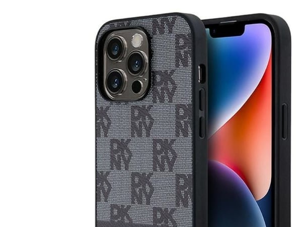 DKNY lærdeksel med rutete monomønster & trykte striper til iPhone 14 Pro - svart