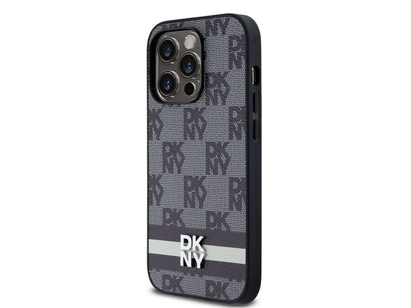 DKNY lærdeksel med rutete monomønster & trykte striper til iPhone 14 Pro - svart