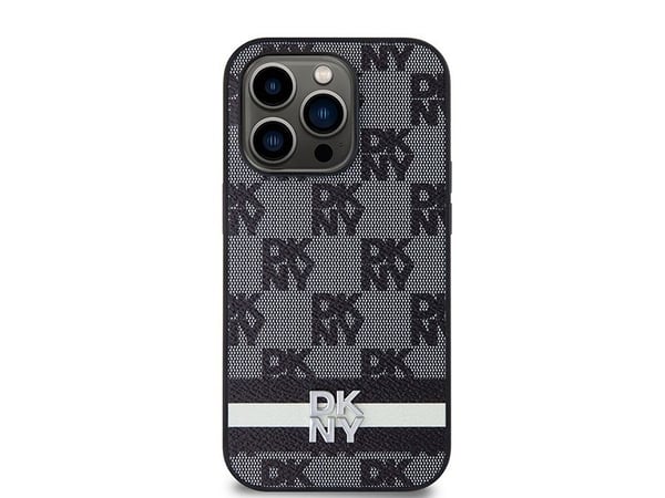 DKNY lærdeksel med rutete monomønster & trykte striper til iPhone 14 Pro - svart