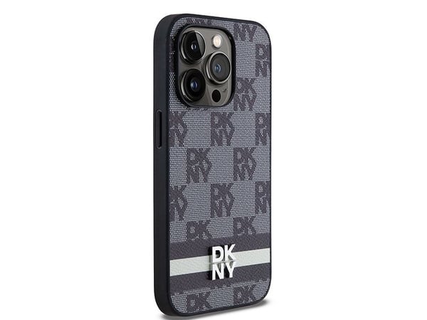 DKNY lærdeksel med rutete monomønster & trykte striper til iPhone 14 Pro - svart