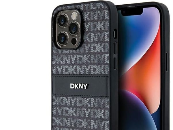 DKNY DKHCP14LPRTHSLK iPhone 14 Pro 6,1" svart hårdskal läder mono stripe & metallogga