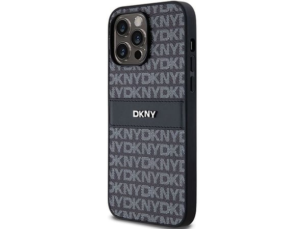 DKNY DKHCP14LPRTHSLK iPhone 14 Pro 6,1" svart hårdskal läder mono stripe & metallogga