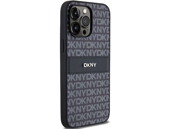 DKNY DKHCP14LPRTHSLK iPhone 14 Pro 6,1" svart hårdskal läder mono stripe & metallogga