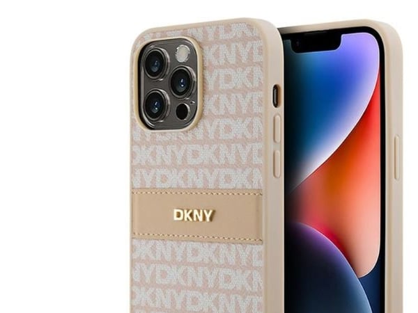 DKNY DKHCP14LPRTHSLP iPhone 14 Pro 6,1" rosa/rosa hardcase i skinn med monostripe og metallogo