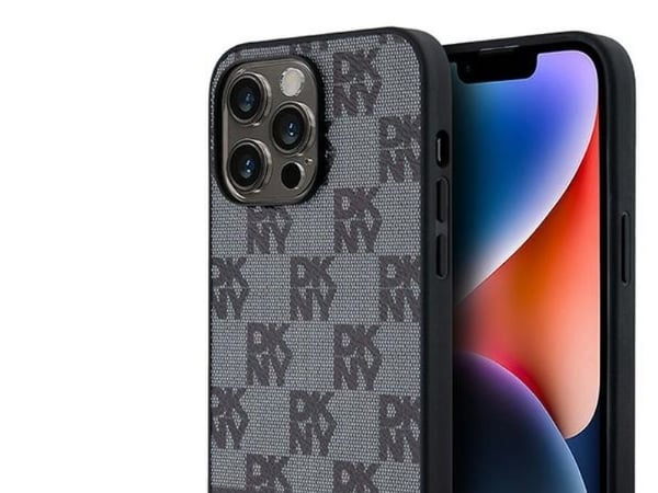 DKNY DKHCP14XPCPTSSK iPhone 14 Pro Max 6,7" svart hardcase i lær med rutemønster og trykte striper
