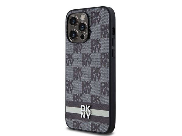DKNY DKHCP14XPCPTSSK iPhone 14 Pro Max 6,7" svart hardcase i lær med rutemønster og trykte striper