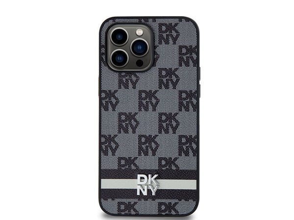 DKNY DKHCP14XPCPTSSK iPhone 14 Pro Max 6,7" svart hardcase i lær med rutemønster og trykte striper
