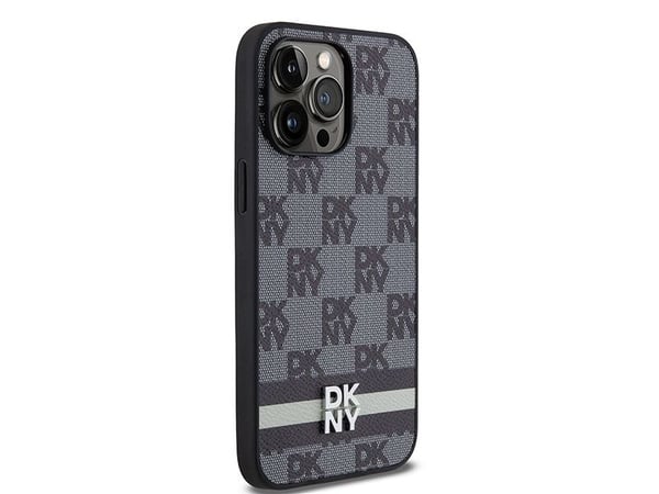 DKNY DKHCP14XPCPTSSK iPhone 14 Pro Max 6,7" svart hardcase i lær med rutemønster og trykte striper