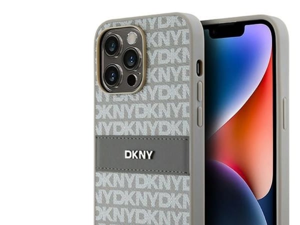 DKNY DKHCP14XPRTHSLE iPhone 14 Pro Max 6.7" beige hardcase i lær - mono stripe & metal-logo