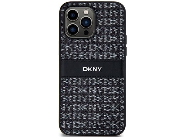 DKNY DKHCP14XPRTHSLK iPhone 14 Pro Max 6,7" svart hardcase i lær – Mono Stripe & metallogo