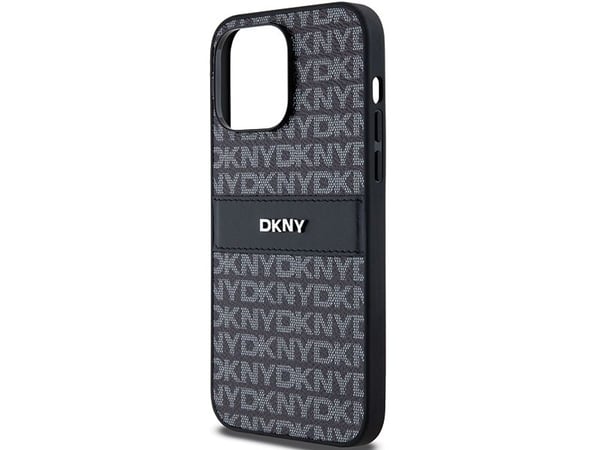 DKNY DKHCP14XPRTHSLK iPhone 14 Pro Max 6,7" svart hardcase i lær – Mono Stripe & metallogo