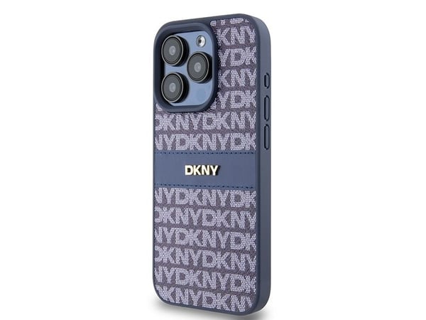DKNY DKHCP15LPRTHSLB iPhone 15 Pro 6,1" blå hardcase i skinn med monostripe og metalllogo