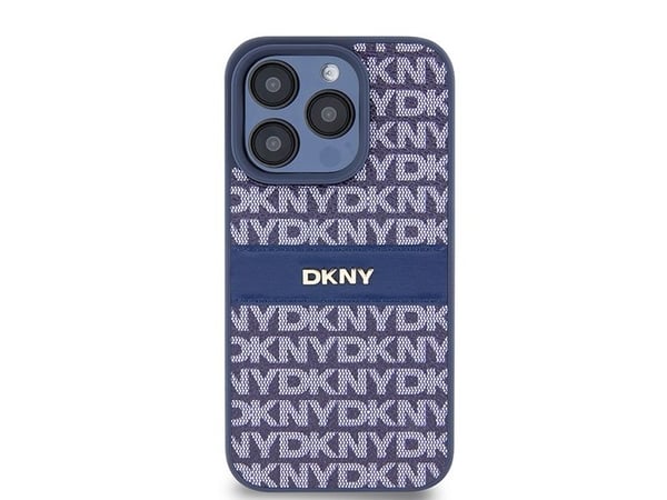 DKNY DKHCP15LPRTHSLB iPhone 15 Pro 6,1" blå hardcase i skinn med monostripe og metalllogo