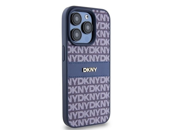 DKNY DKHCP15LPRTHSLB iPhone 15 Pro 6,1" blå hardcase i skinn med monostripe og metalllogo