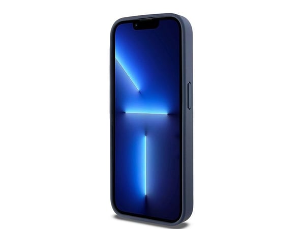 DKNY DKHCP15LPRTHSLB iPhone 15 Pro 6,1" blå hardcase i skinn med monostripe og metalllogo