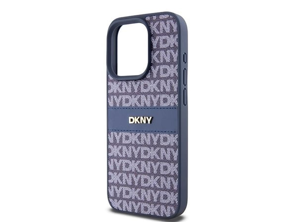 DKNY DKHCP15LPRTHSLB iPhone 15 Pro 6,1" blått hårdplastfodral i läder med monostripe och metallogo
